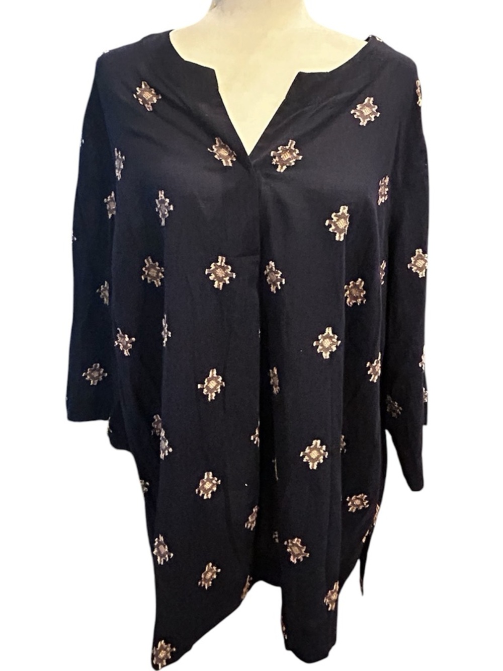 Navy Blue Embellished Split-Neck Tunic Top